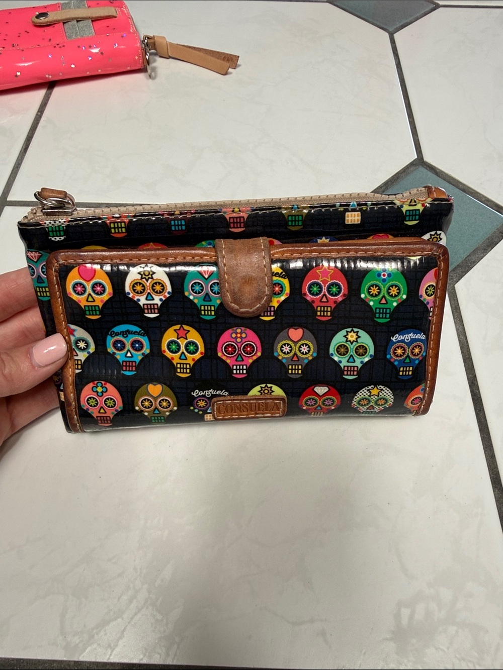 Consuela Multicolor Sugar Skull Continental Wallet with Tan Trim